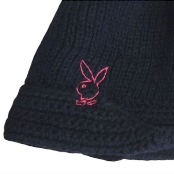 VTG Y2K PLAYBOY Bunny Black Knit Pink Embroidered Rabbit Head Beanie - Picture 7 of 12